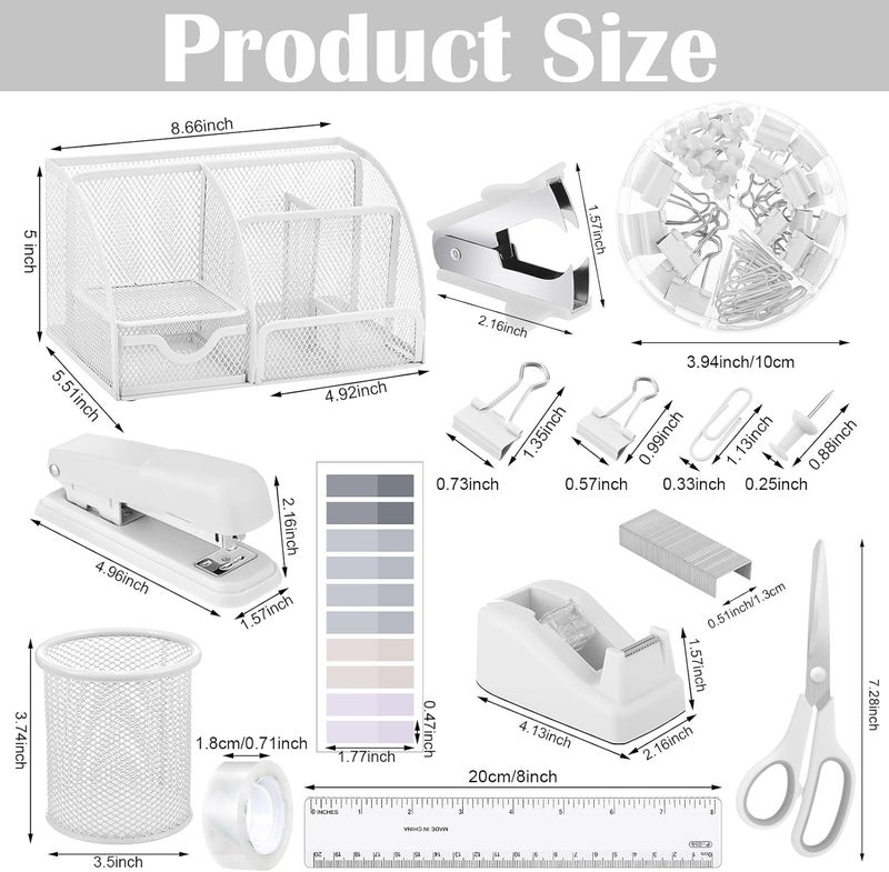 AuraRay 11 in 1 Desk Organizers and Accessories - White Office Supplies - Includes White Stapler, Tape Dispenser, Pen Holder, Staple Remover, Clips, Ruler, Scissors, Tapes, Tabs - Image 2